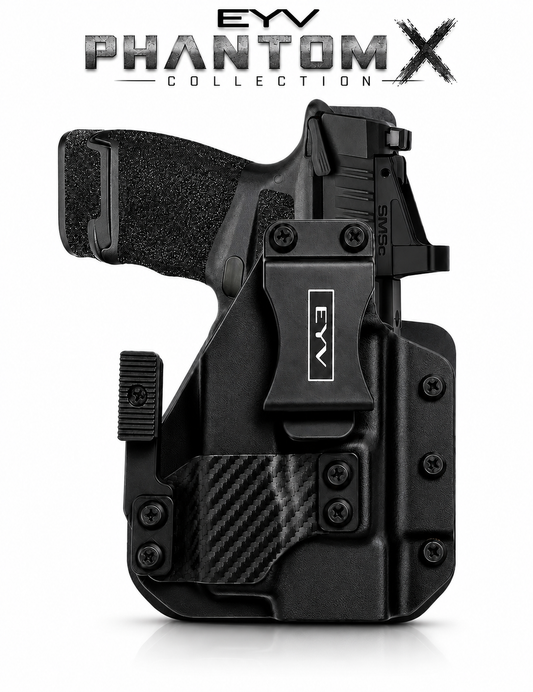 IWB Gun Holster - Fits the M&P Shield X/Olight PLX Light | Handmade Hybrid Leather Kydex Pistol Holsters w/Custom Claw Kit | EYV Holsters | PhantomX Collection